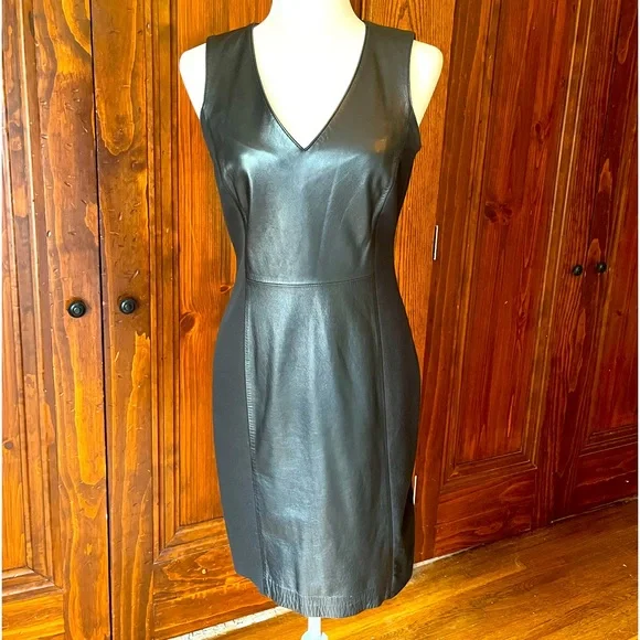chinese dress ladies BANANA REPUBLIC Black Faux Leather Round Neck Short Sleeve Tunic Dress   Second Wave Couture